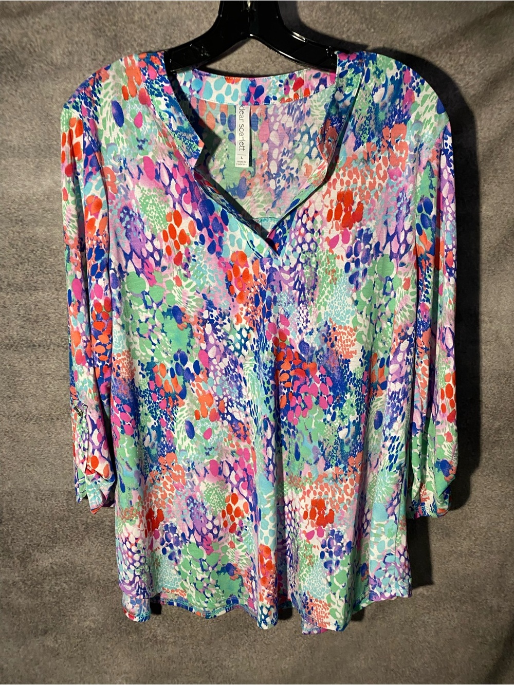 Dear Scarlett Top Womens L Abstract Animal Print Tunic Blouse 3/4 Sleeve
